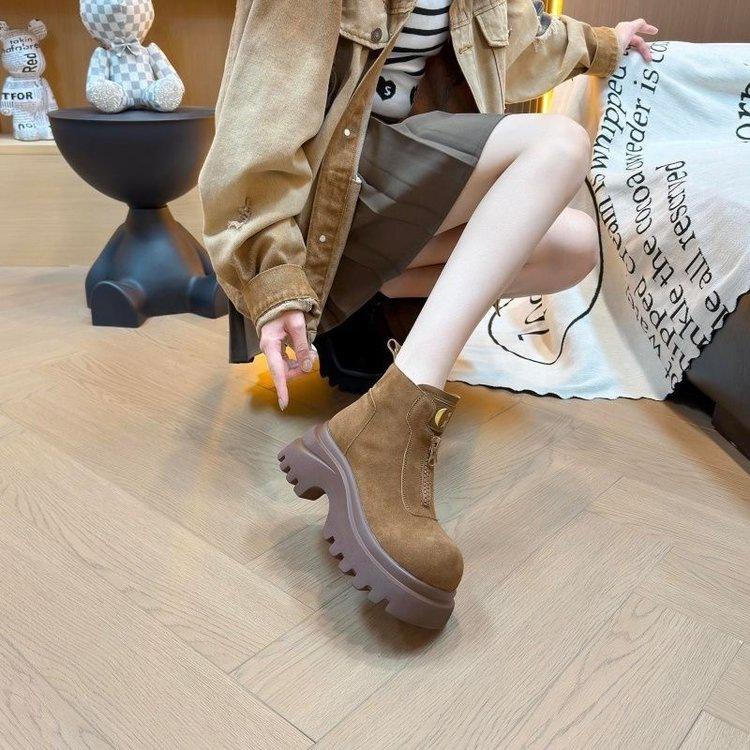 Front zipper Martin boots women's 2025 autumn new retro suede thick-soled heightening short boots Korean version versatile single boots