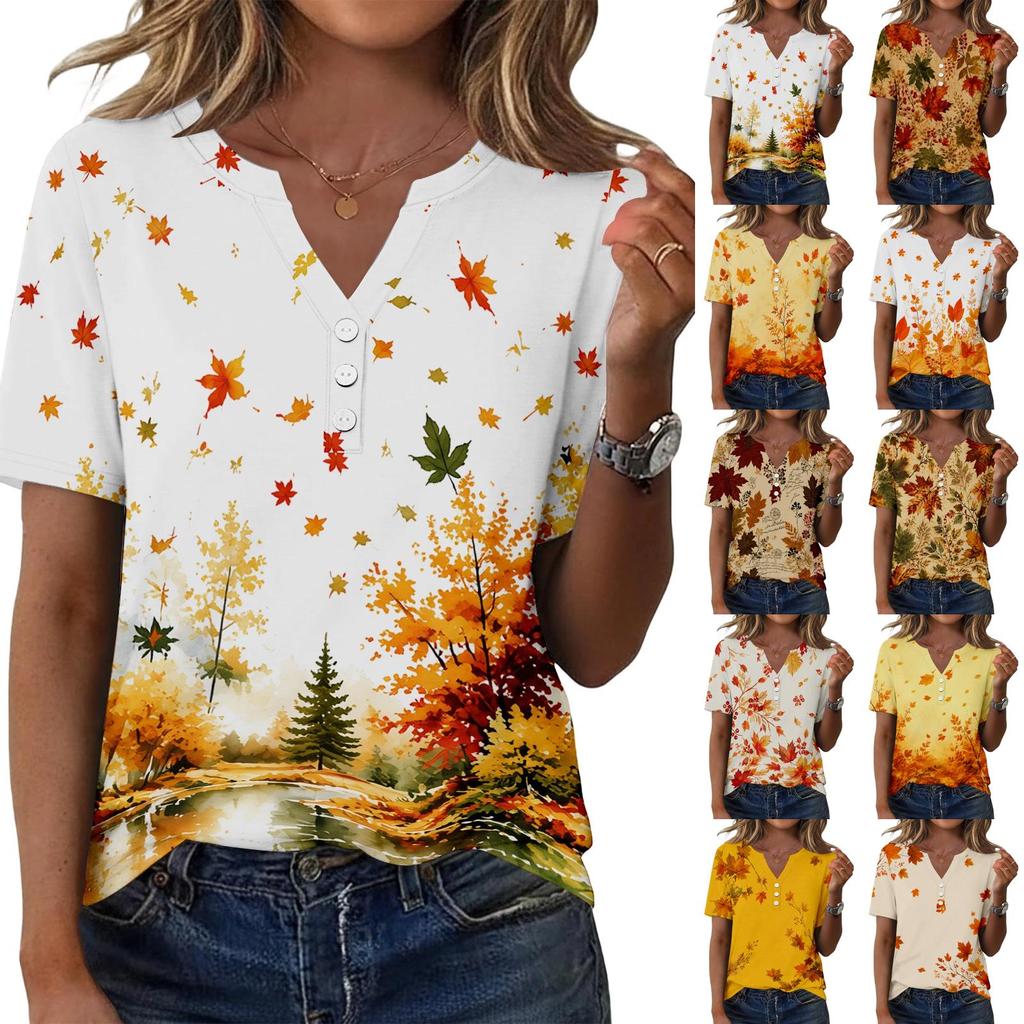 Damen Casual Kurzarm Hemdbluse mit Knopfleiste und Ahornblatt-Print