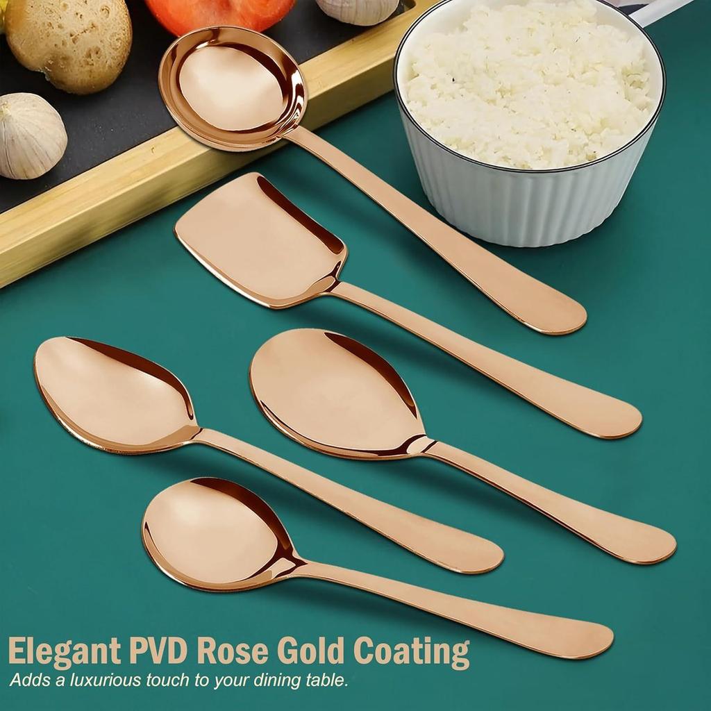5 Pieces Stainless Steel Rose Gold Serving Spoon Set for Dining Table/Kitchen, 1.8 Mm Heavy Gauge