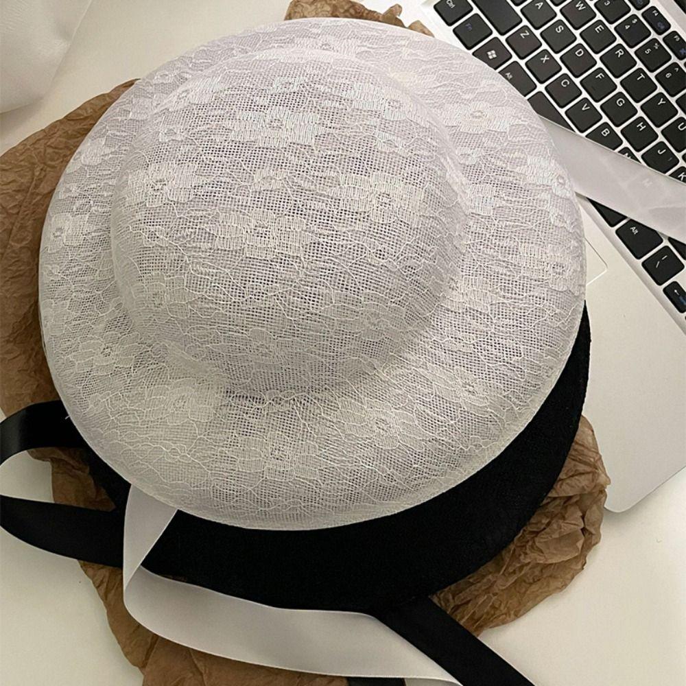Sunscreen Lace Tied Topper Hat White Lace Bonnet Hat Hepburn Style Formal Hat  Parties Gathering