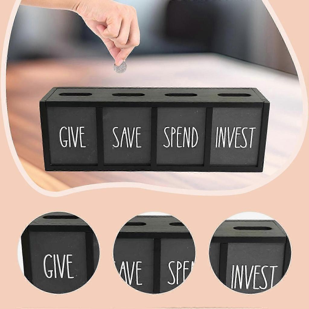 Wooden Piggy Bank Money Saving Box Rustic for Bills with 4 Compartments Change