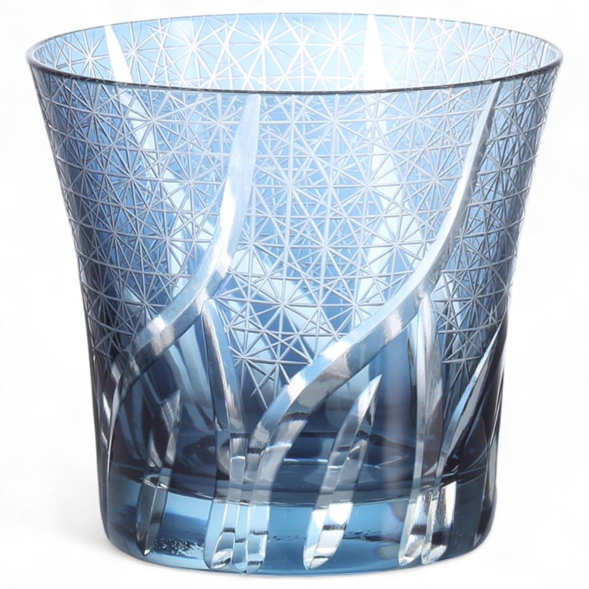 

Mizukage Kiriko Glass Ranbori Komon Ink Blue with Bottom Beautiful Current Model J-kitchens Cup, 94xH85mm, 240cc, (Small Pattern) Engraving,