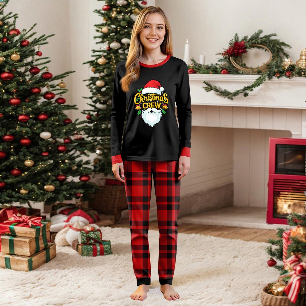 Parent Child Outfit Christmas Print Home Long Sleeved Top And Plaid Striped Trousers Set