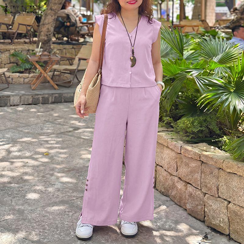 

ZANZEA Women Casual Short Sleeve Blouse and Pants Summer Two Piece Suit Sets M фиолетовый
