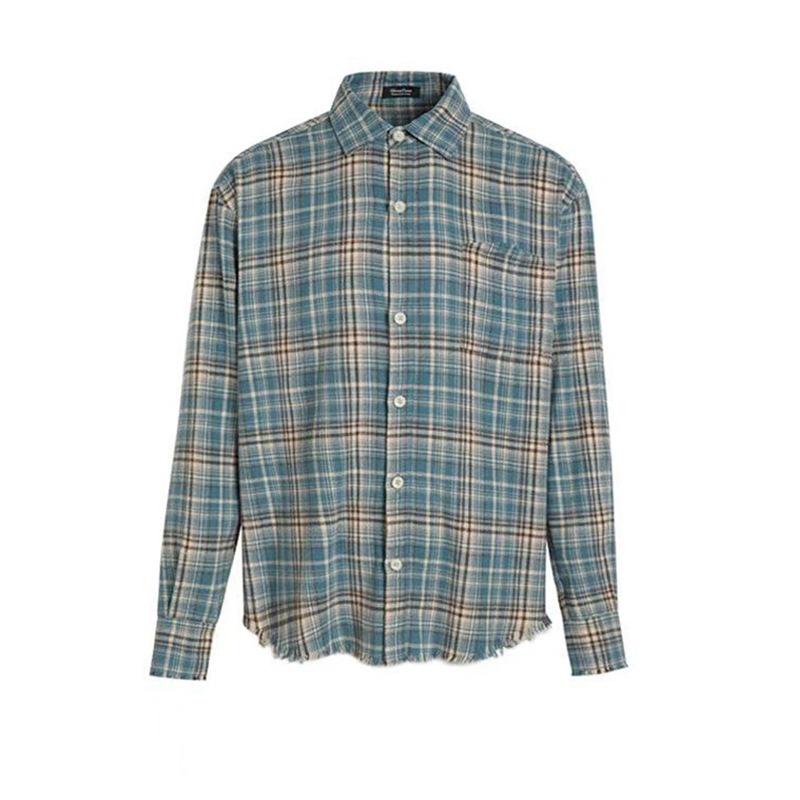 

Американская рубашка в клетку с бахромой в стиле ретро - Модная куртка унисекс с необработанным краем для весны и осени M синий