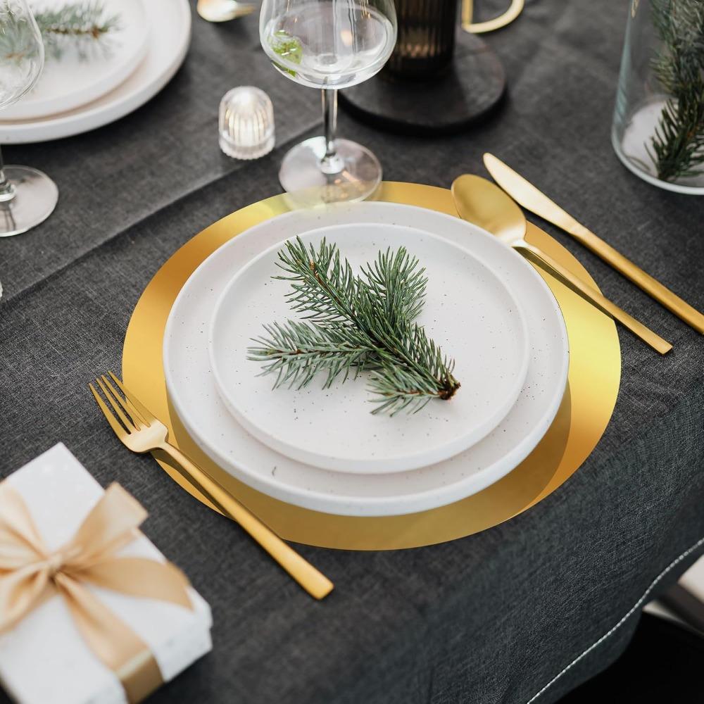 50pcs Mirrored Gold Charger Placemats - 13" Round Disposable Paper Mats (Gold/Bright Red), Dining Table Decor for Banquet Wedding Party