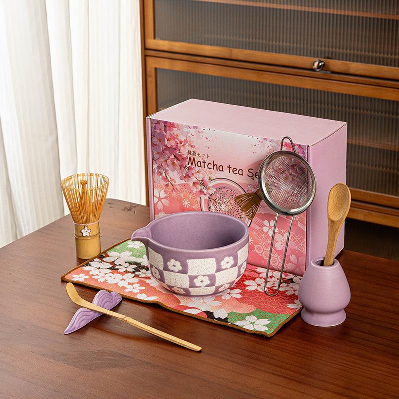 

Pink Matcha Set, 8 Pcs Matcha Kit, Cherry Blossom + Plaid Pattern Matcha Bowl Set Matcha Starter Kit for Matcha Lovers