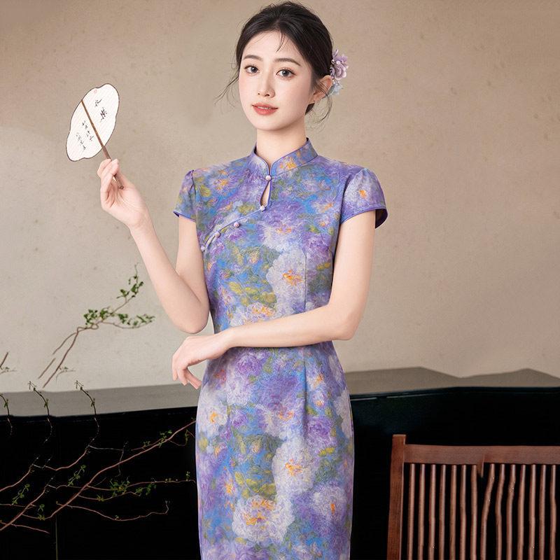 Purple Daily National Style New Chinese Suzhou Long Cheongsam Improved Young 1011 New Women's Premium Summer