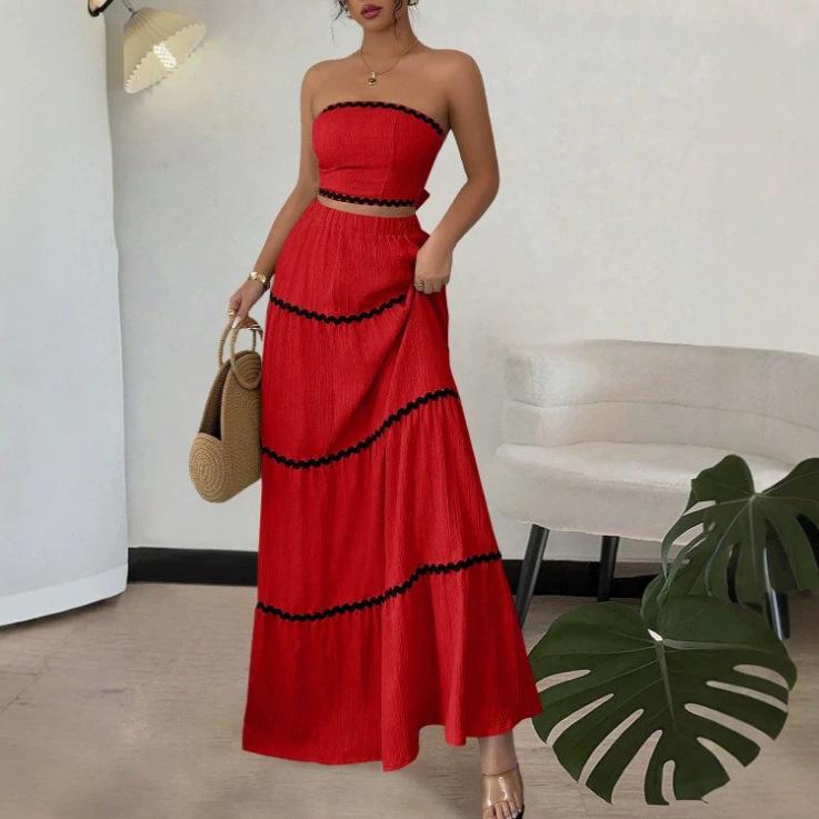 European and American New Summer Vacation Leisure Temperament Tube Top Lace Dress Splicing Two-piece Set