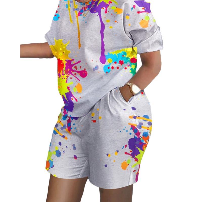 YYFS Women's Fashion Casual Summer Spring Colour Block Print Short Sleeve O-Neck Trousers Pants Suits