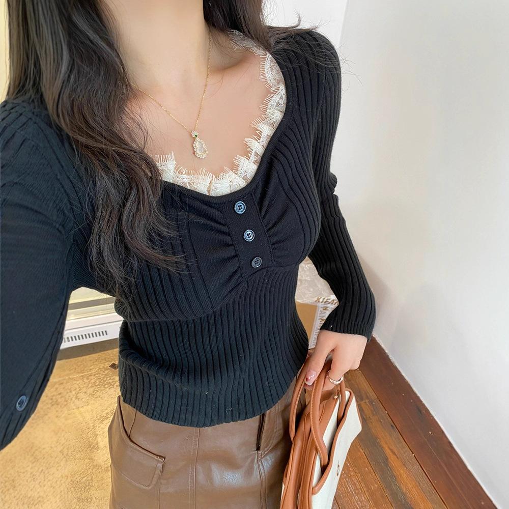 

Sweet V-neck splicing lace knitted bottoming shirt women s lazy style inner slim-fitting autumn new sweater short One Size чорний