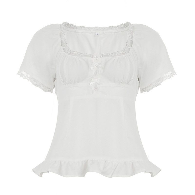 

Bm Style Ruffled Puff Sleeve Short-Sleeve Shirt, Pure Desire V-Neck Drawstring Spicy Girl T-Shirt, Waist-Cinching Slimming Top for Women in Summer White S