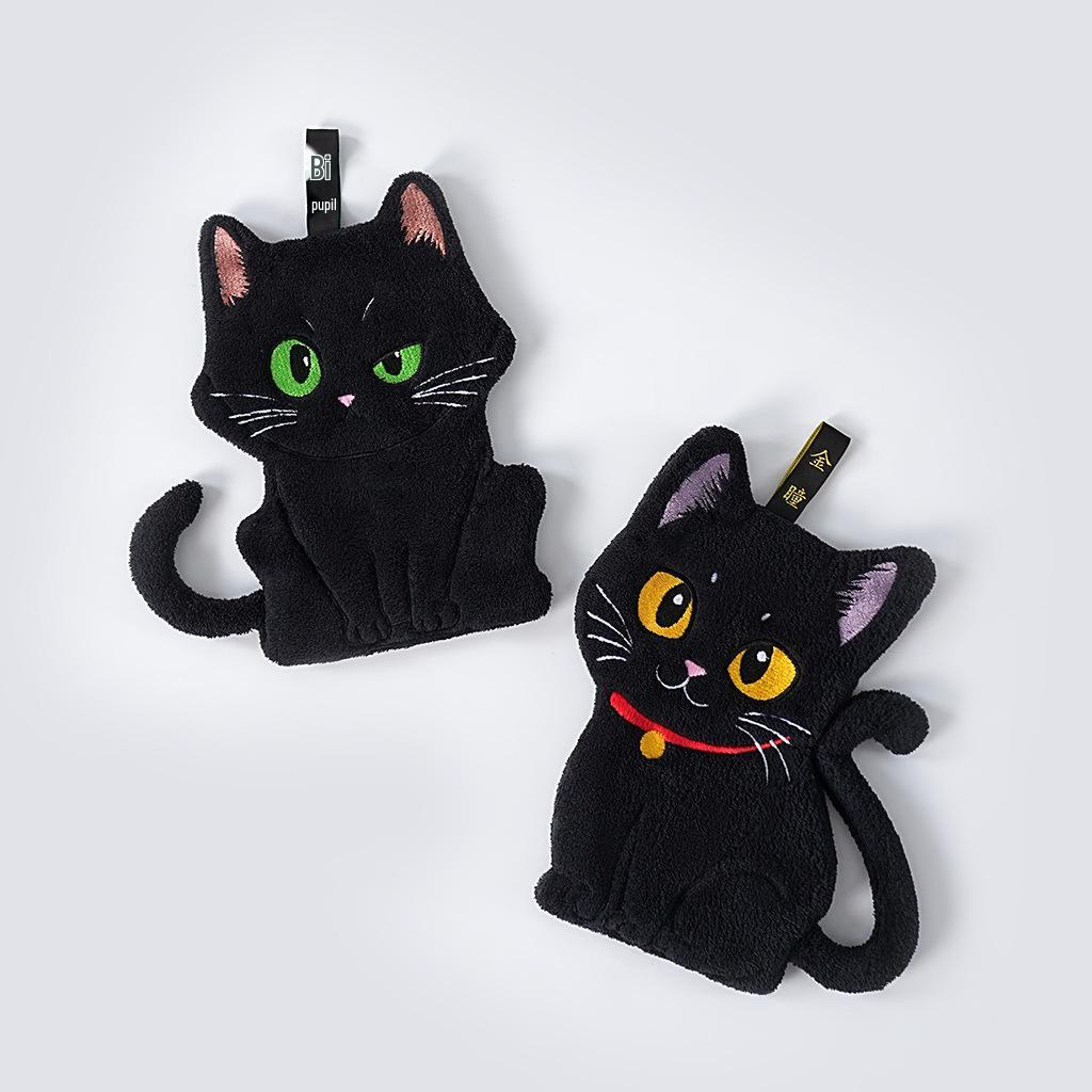 Black Cartoon Cat Hand Towel - Soft and Absorbent for Bathroom and Kitchen