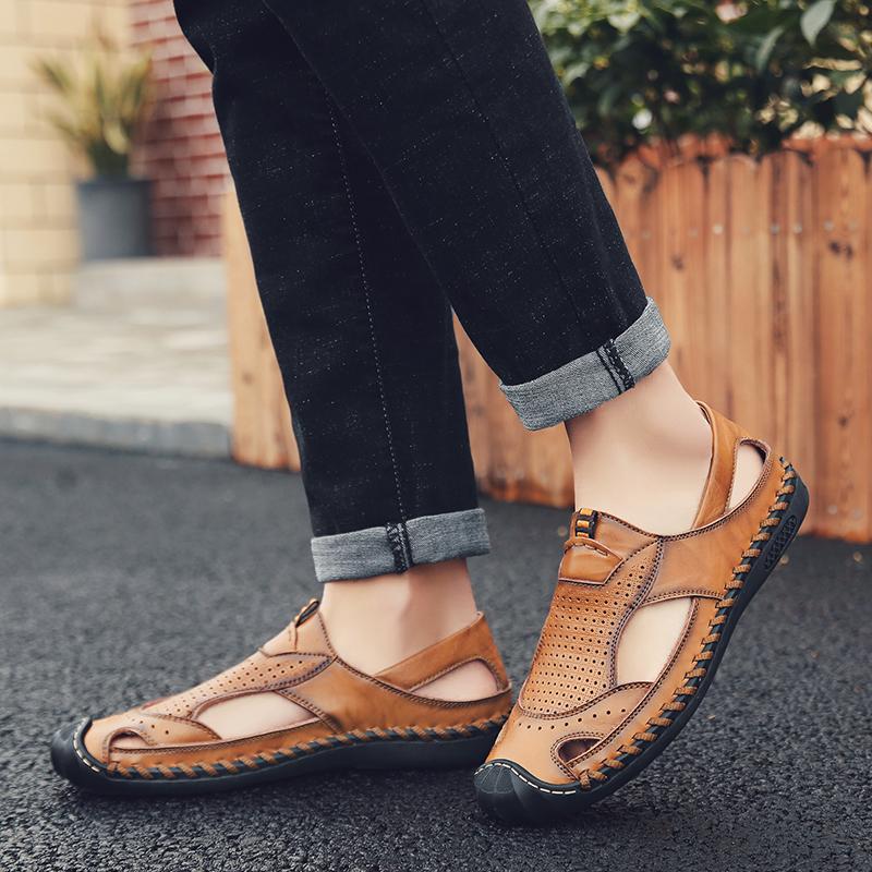 Fashion Outdoor Male Wading Aqua Shoes Retro Style Beach Shoes Simple Roman Shoes Casual Leather Summer Flats Leisure Walk Mens Sandals