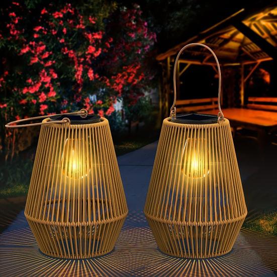 Woven Solar Lantern Rustic Solar Lamp with Handle Auto On/Off Solar Powered Outdoor Hanging Light for Farmhouse Garden Patio Yard Camping Decor