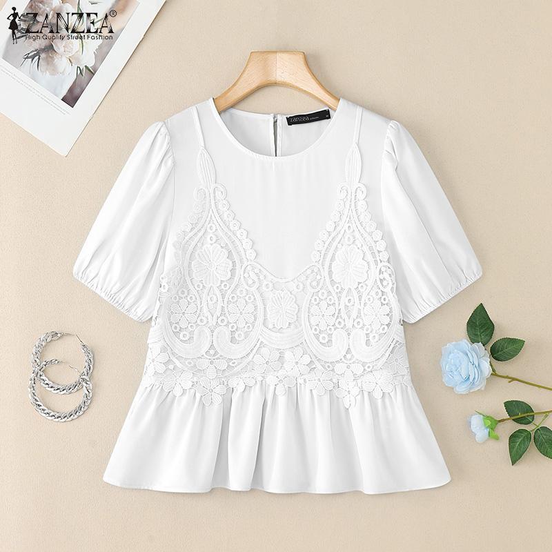 ZANZEA Women Casual Round Neck Crochet Patchwork Summer Short Sleeve T-Shirts