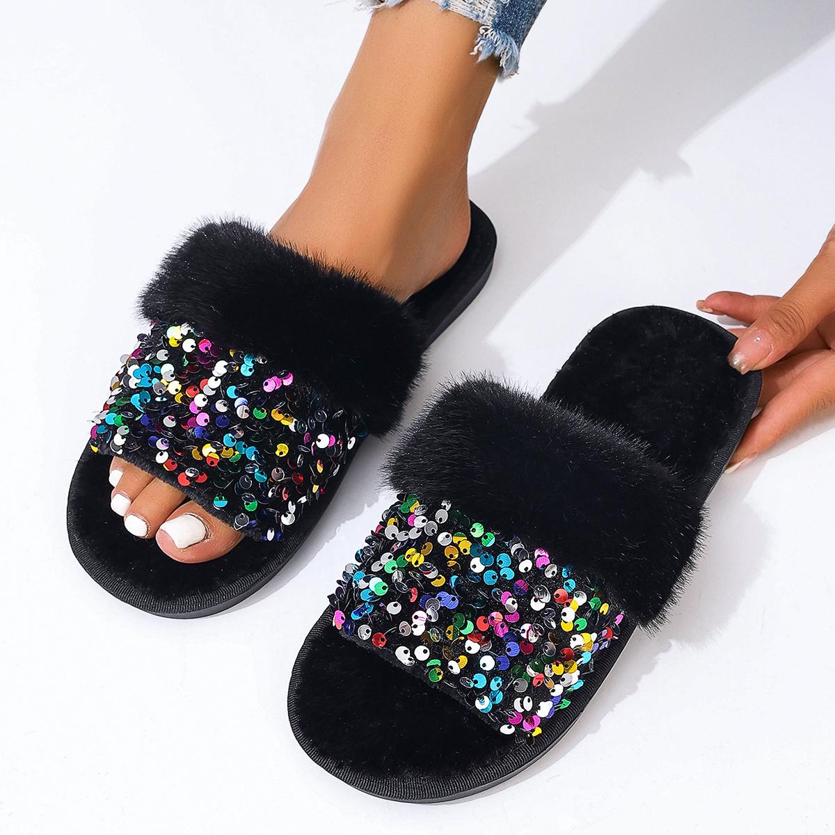 

Модные шикарные женские тапочки на меху, зимняя мода 2024 года, весенние сандалии, бархатные женские трендовые повседневные короткие плюшевые повседневные шлепанцы для женщин 38-39 чёрный