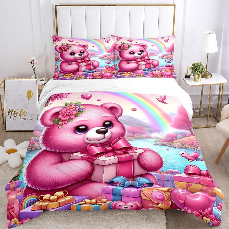 3pcs Pink Teddy Bear Bedding Set - Includes One Quilt Cover and Two Pillowcases (No Core) - Home Decor, Festival Gift, Polyester Fabric, Ani