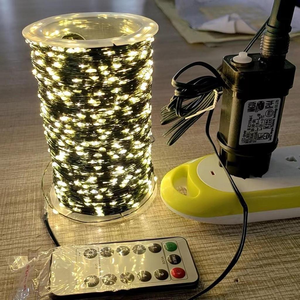 Remote-Controlled Christmas Tree Rattan Lights with Warm White LED on Green Copper Wire