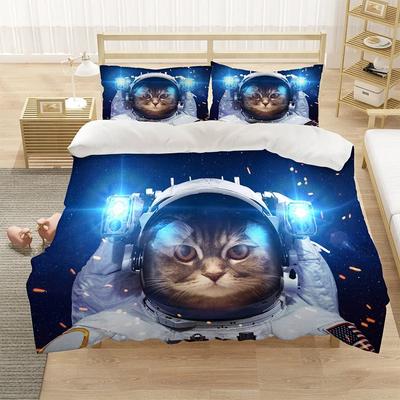 Juego de cama con diseño de gato genial, ropa de cama de animales, ropa de cama de tamaño individual, doble, para niños, niñas y niños, bonitos juegos de fundas nórdicas con astronautas