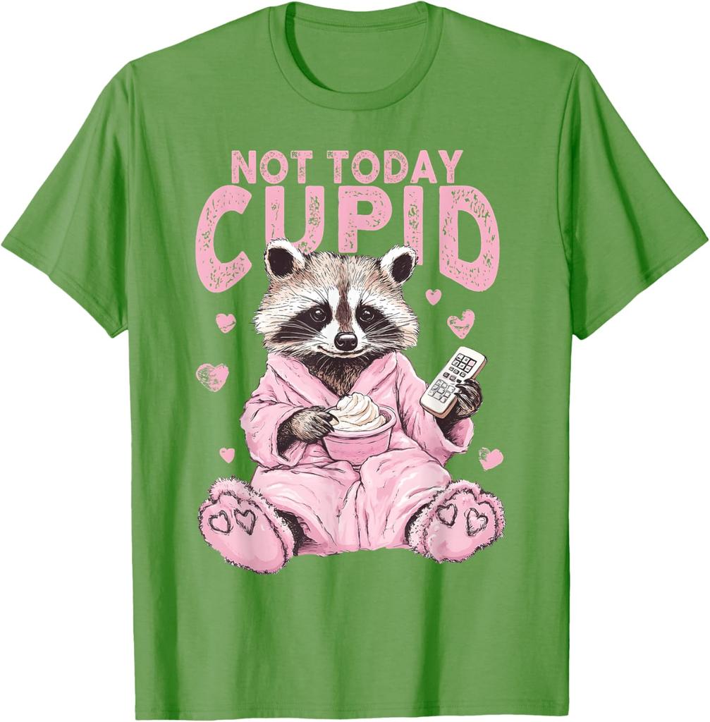 Not Today Cupid Pink Raccoon Funny Anti Valentine's Day Graphic T-Shirt Casual Tee Tops