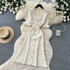 Summer Autumn Pink Button-Down Short Sleeve Short Knit Dress for Women Elegant Turn Down Collar Single-breasted Ruffles Slim Sweater Dresses