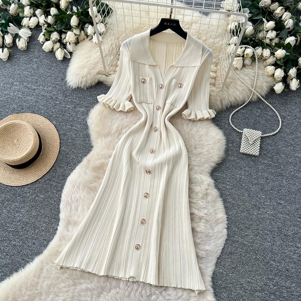 Summer Autumn Pink Button-Down Short Sleeve Short Knit Dress for Women Elegant Turn Down Collar Single-breasted Ruffles Slim Sweater Dresses