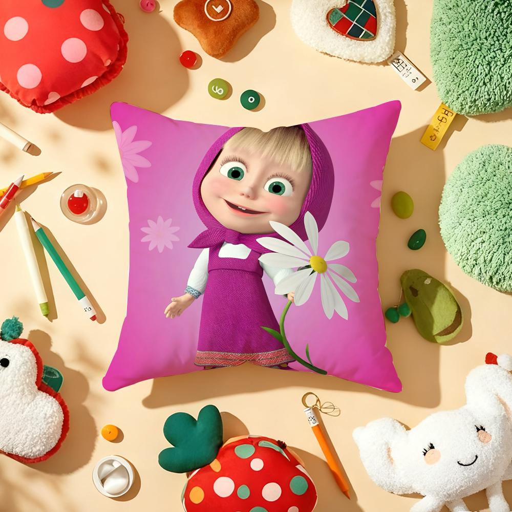 Anime MMasha And The Bear Cushion Cover Plush Fabric Soft DoubleSided Printed Sofa Warm Winter Home Gift Pillow Cover
