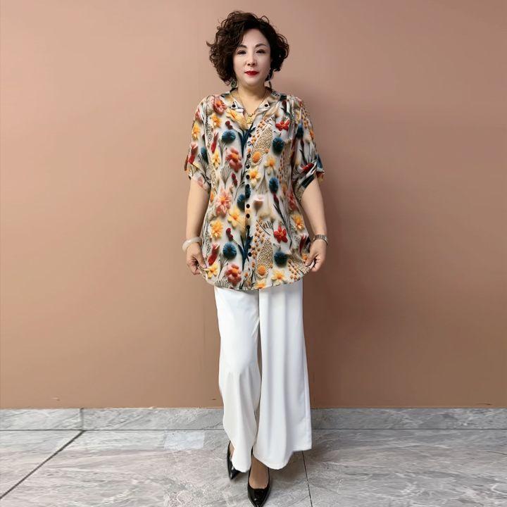 Summer Women's Floral Silk Shirt  Loose V-neck Plus-size Blouse