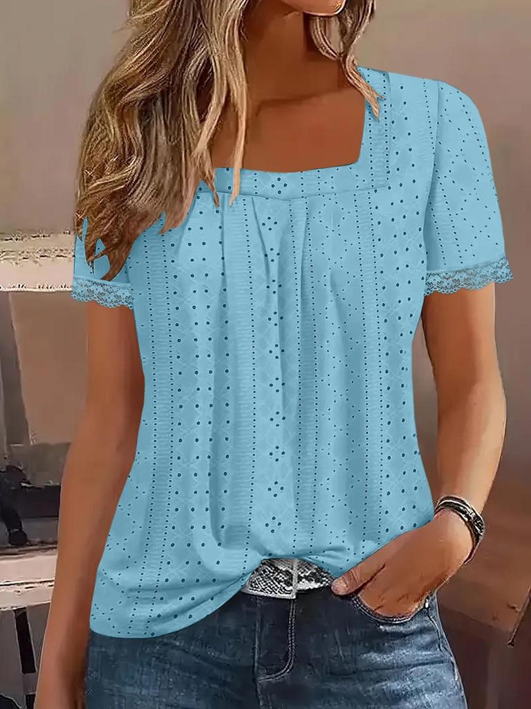 2025 Summer European & American Square Neck Eyelet Jacquard Short Sleeve Women's Top