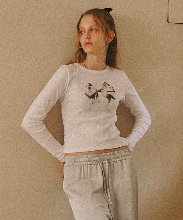 RONRON Double Ribbon Slim Crop Long Sleeve White Silver