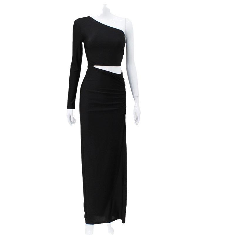 Rochie de damă Personality Create Culoare uni Umăr oblic strălucitor Cu o singură mânecă Crop Pliuri Split Cină Rochie temperament