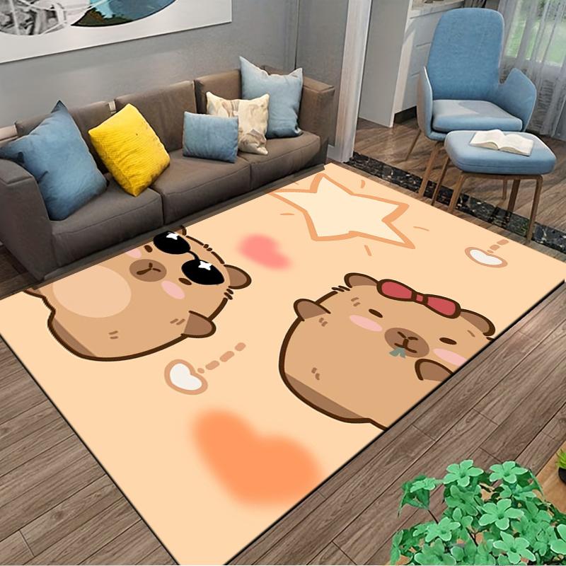 Cute Cartoon Carpet with Bear Couple, Peach Background, Star Design Suitable for use as an anti-slip for living room bedroom sofas