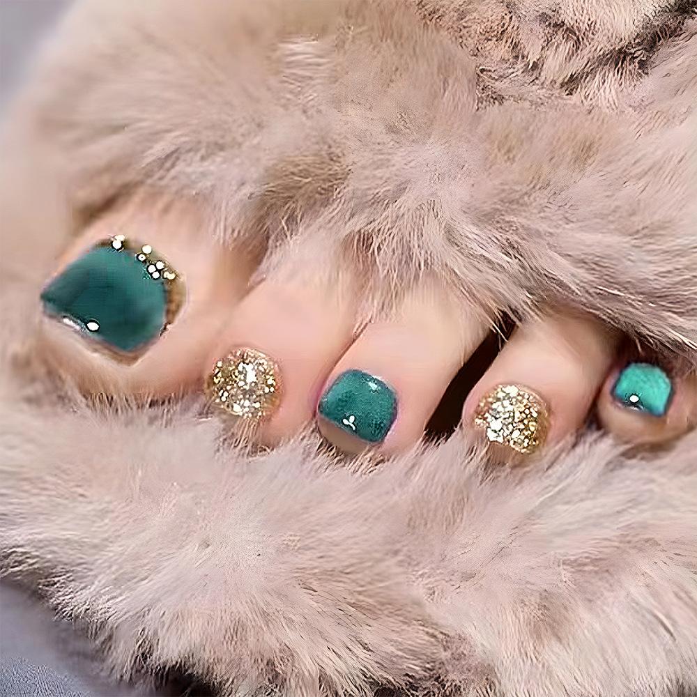 24 Pcs Short Square Fake Toenails Blue Cat Eye Rhinestone Design Full Cover Press On Nail Tips