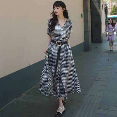 Dámské retro kostkované šaty v korejském stylu, jaro a léto, nová výšivka, francouzský pas, dlouhá sukně