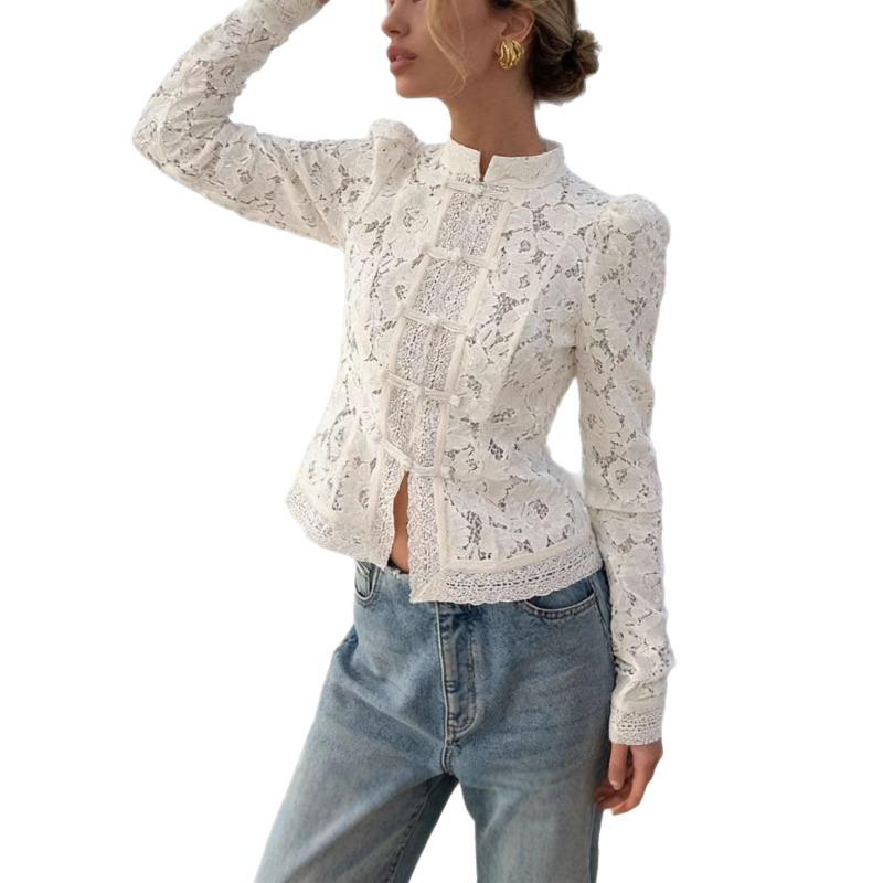 Women Spring Summer New Lace Crochet Stand Collar Slim Fit Blouse Stylish Elegant Commuter Design Shirt