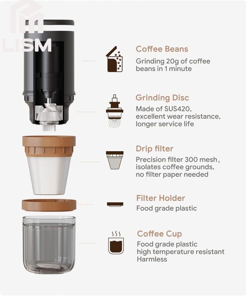 Portable Electric Coffee Grinder Coffee Maker Stainless Steel Whole Bean for Outdoor Drip Coffee Reusable Espresso Capsule