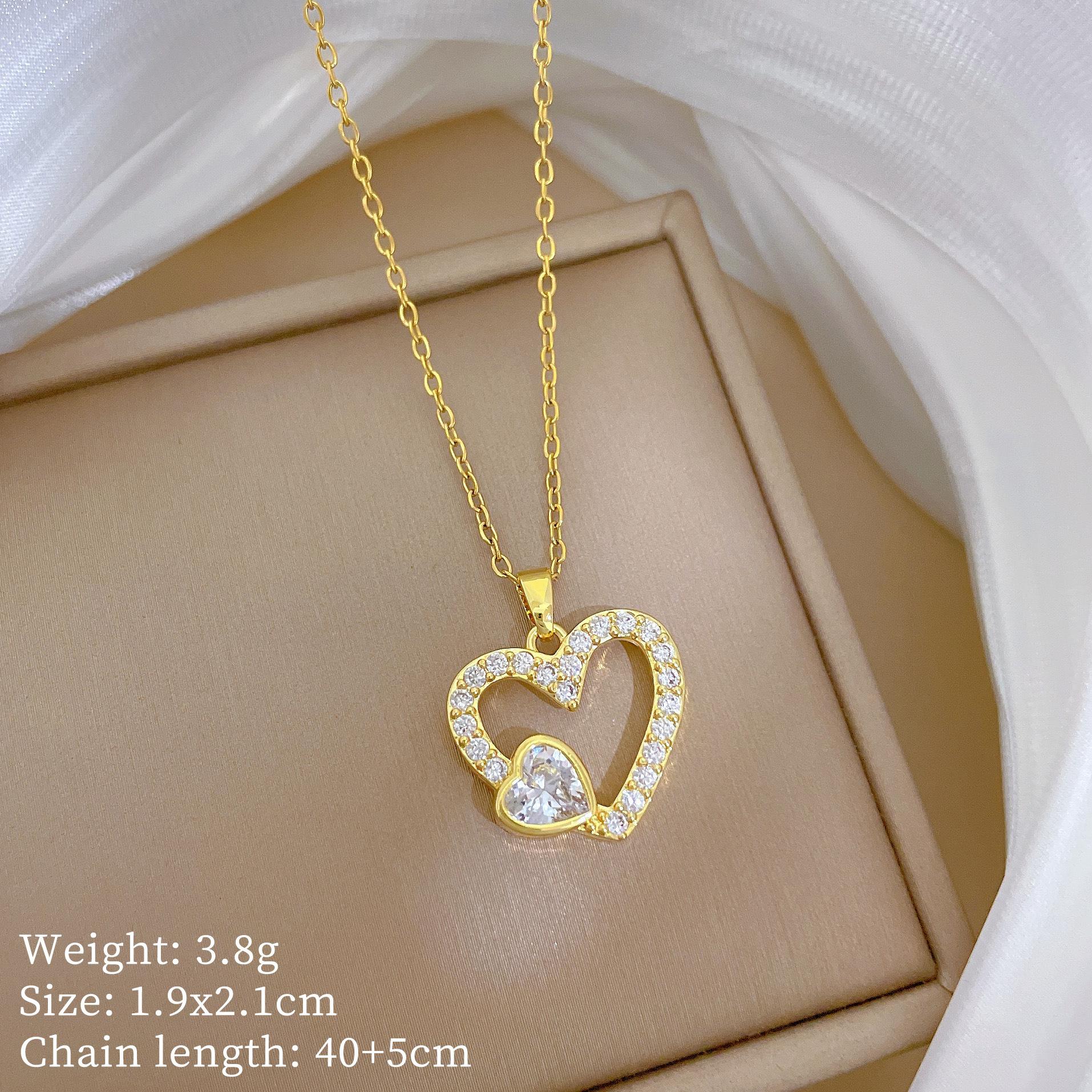 Full Diamond Peach Heart Love Fashion Light Luxury Temperament Gorgeous Full Diamond Necklace Female Versatile Collarbone Chain Titanium Steel
