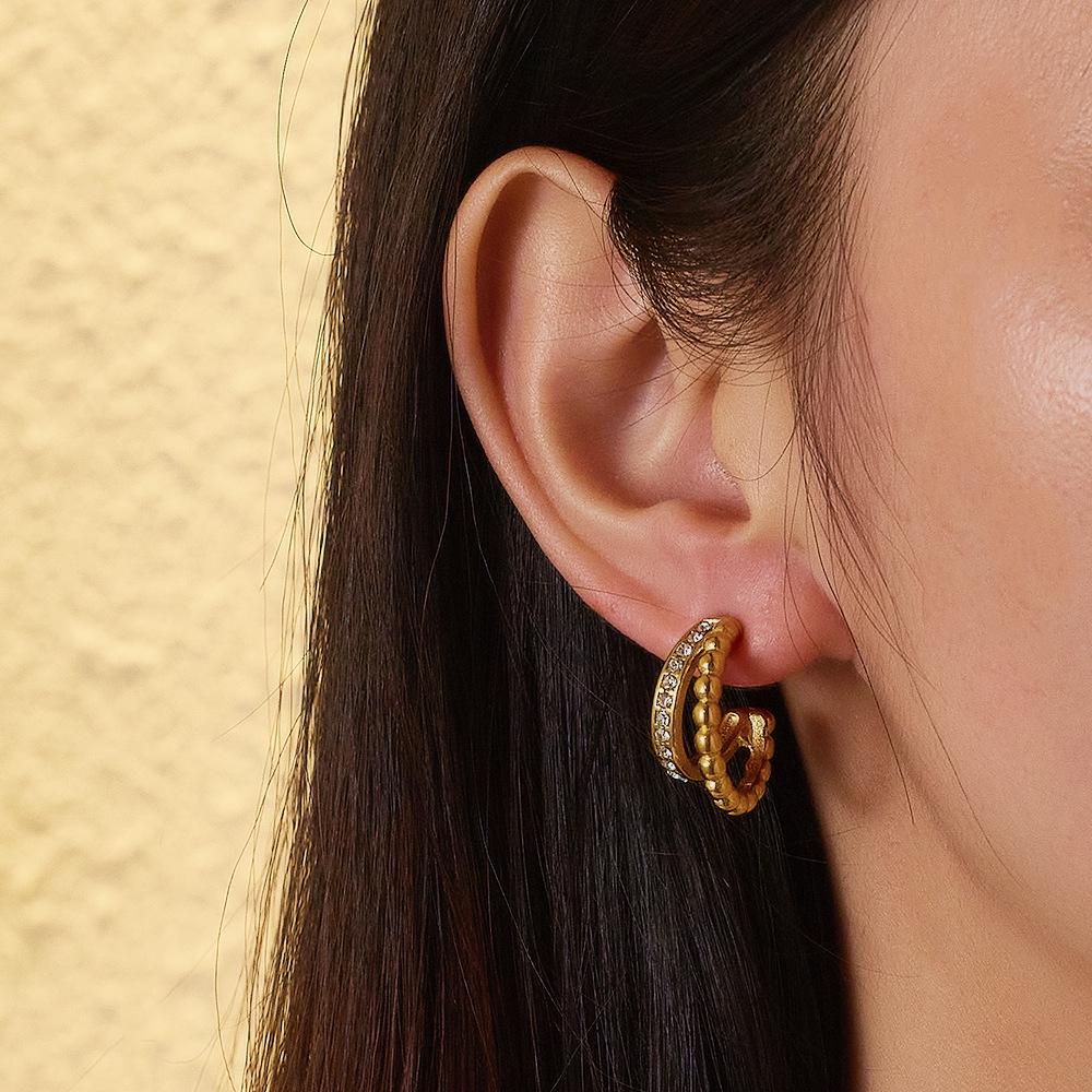18K Gold Plated C-Shaped Twisted Stainless Steel Earrings with Inlaid Diamonds - High-end Titanium Steel Accessories