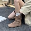 Retro round head versatile lazy wind sleeve stacking boots 2025 new temperament thin flat bottom western boots cowboy boots