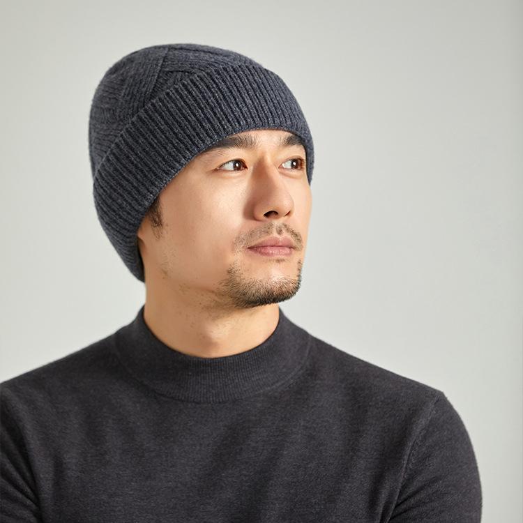 Autumn and winter new pure wool knitted hat warm hat men's fleece thickened adult hat men's cold hat