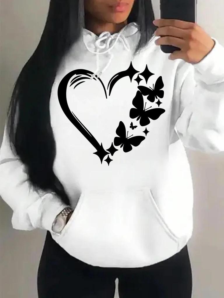 Women's Loose Fleece Hoodie with Love & Butterfly Print