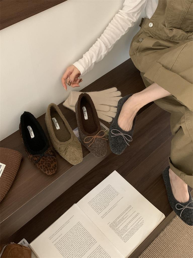 Late evening wind bow velvet Mary Jane shoes 2025 autumn and winter new soft-soled fluffy shoes warm Doudou single shoes