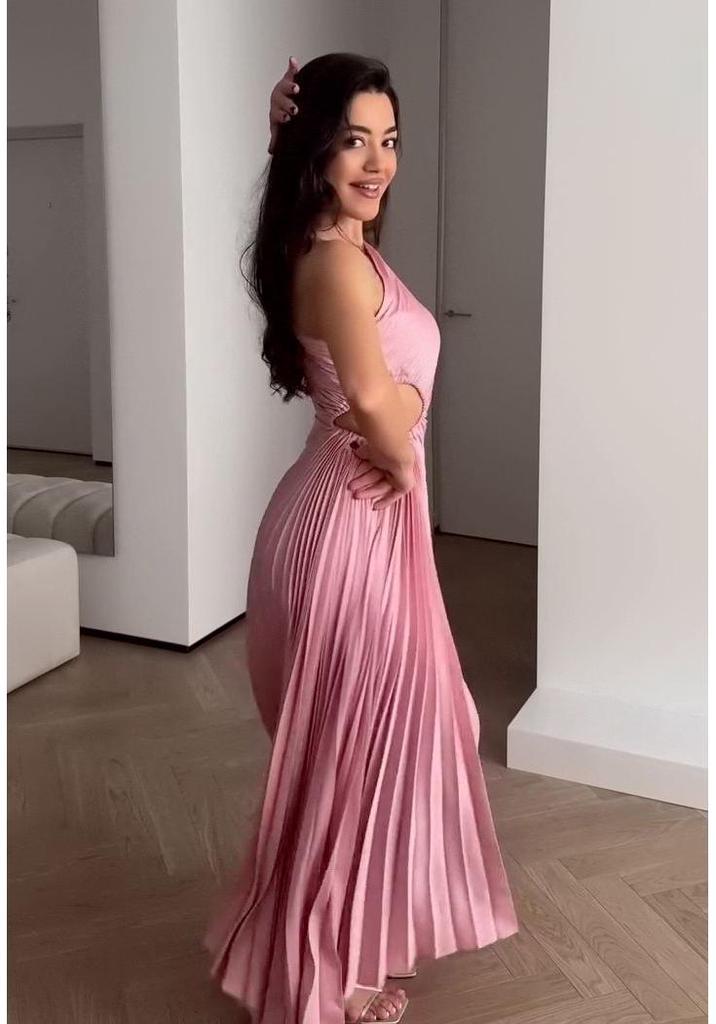 2025 Summer European-American Women's Off-Shoulder Pleated Solid Color Dress
