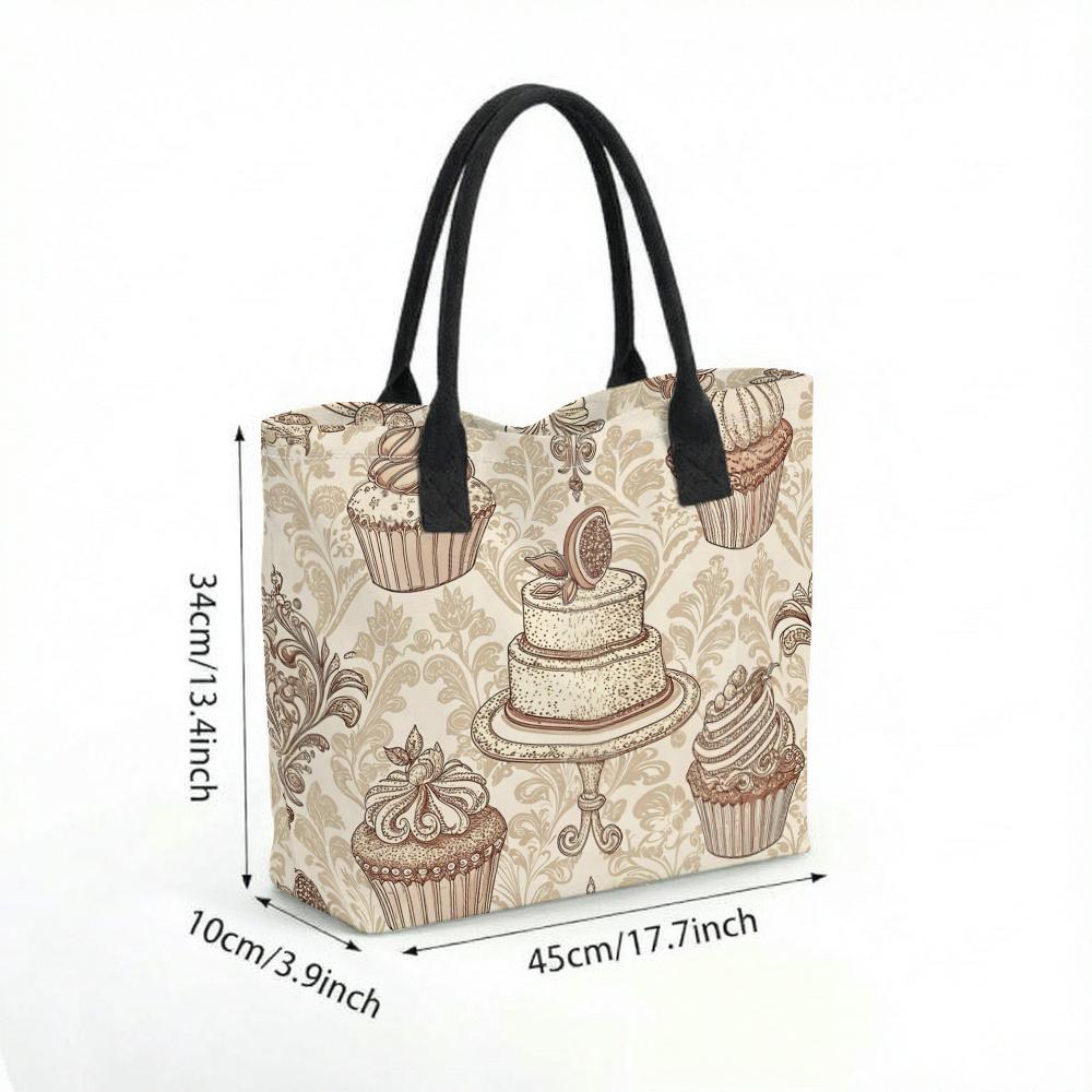 Vintage Dessert Print Canvas Tote Bag Casual Large Capacity Portable Daily Shoulder Handbag