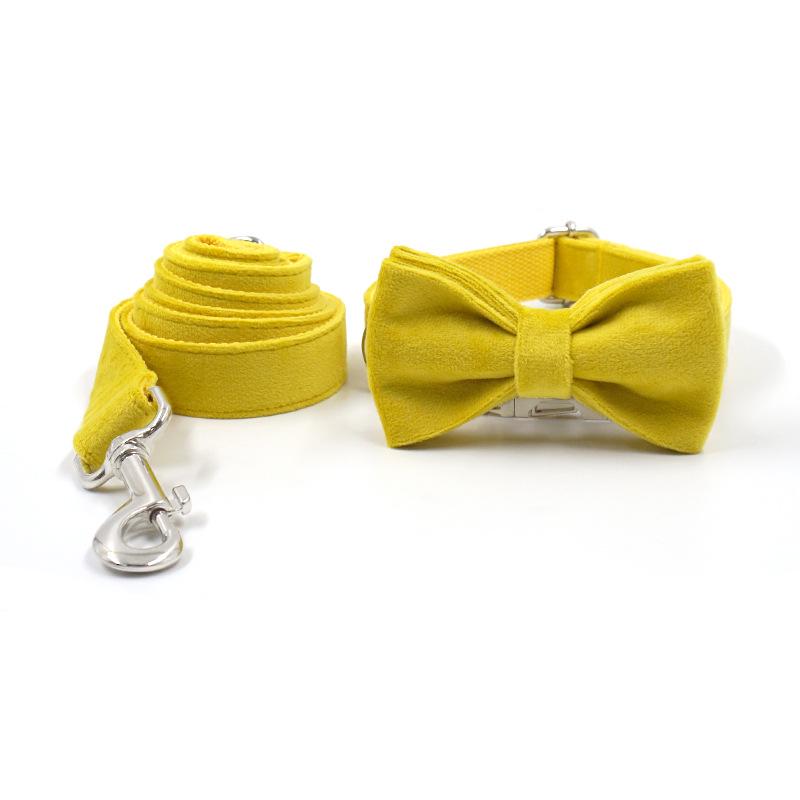 Mihaha Boss Yellow Fleece Dog Leash & Adjustable Bow Tie Collar Set Size L
