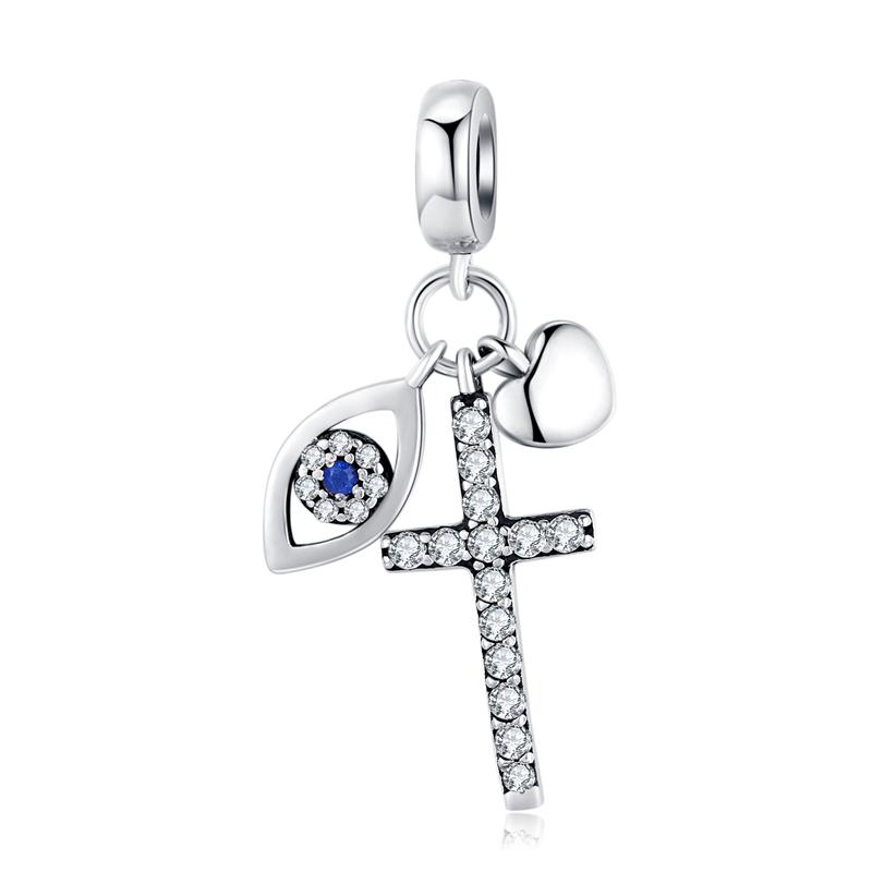 WOSTU 100% Real 925 Sterling Silver Cross Charm Zircon Bead Crosses Pendant Fit Original Bracelet DIY Necklace Religion Jewelry