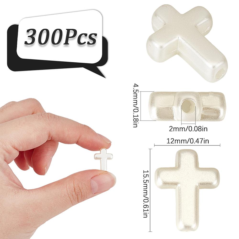 300Pcs ABS Plastic Imitation Pearl Beads Cross Creamy White 15.5x12x4.5mm Hole: 2mm