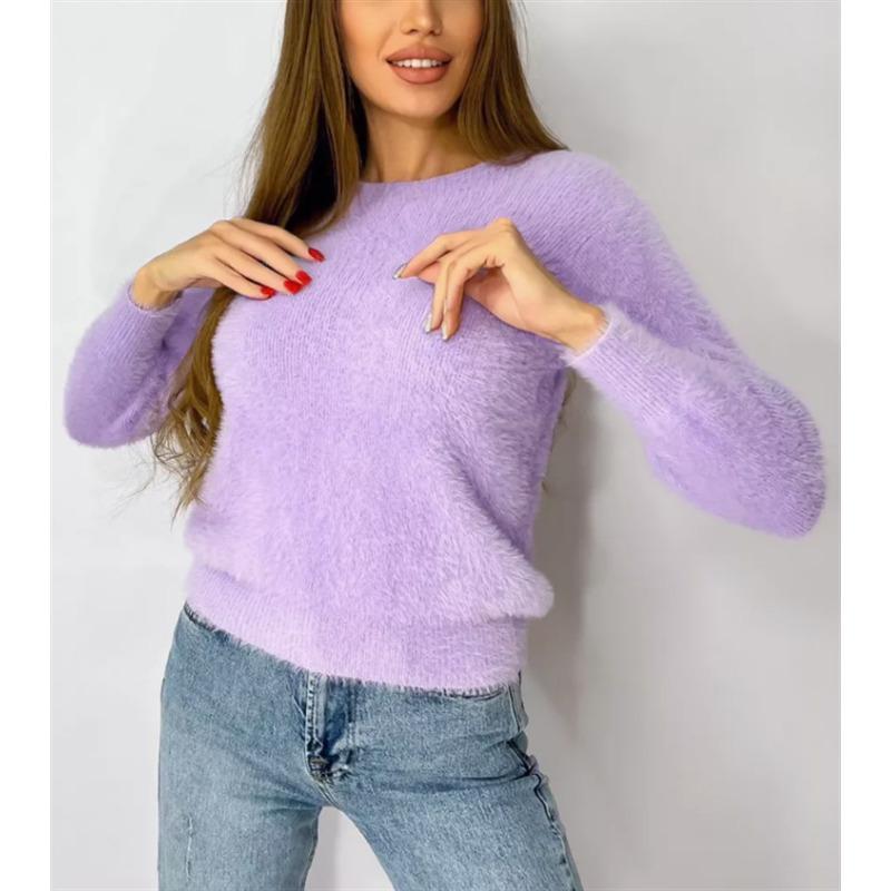 New Plush Pullover Solid Color Long Sleeve Large Size Round Neck Imitation Mink Knitted Sweater Women
