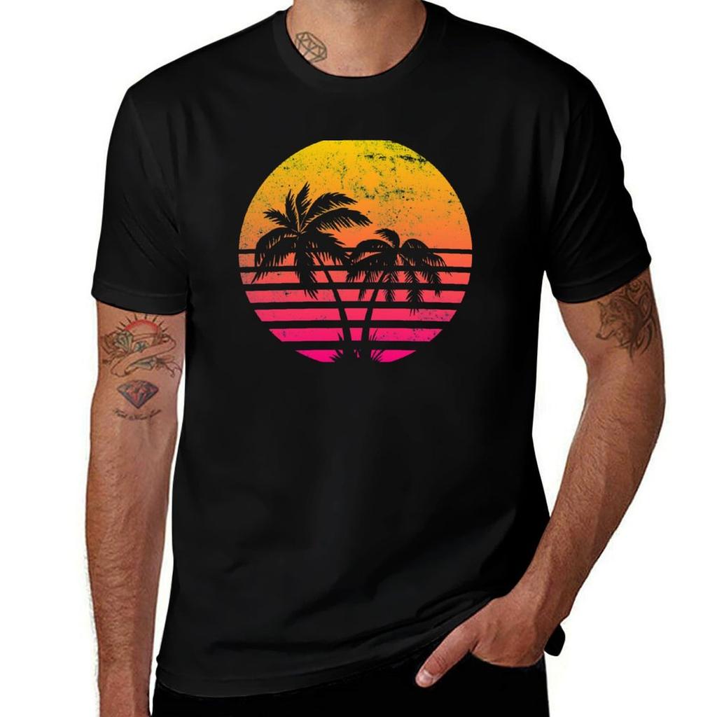Retrowave Sunset With Palm Trees Tshirt Classic Crew Neck Cotton Tshirt